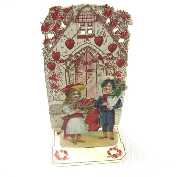 Other - Vintage Valentine Pop Up 3D Pull Down Die Cut Victorian Girl Boy Flowers Germany